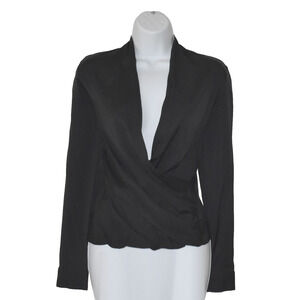 Auth THEORY Black Silk Blend Pleated Wrap Front Effect LS Blouse Top Size P